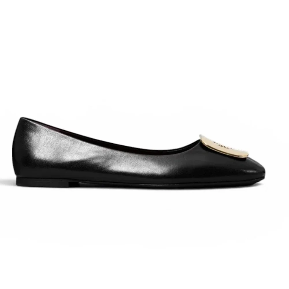 Tory Burch Georgia Ballet‎ Flats Black Leather Gold Logo Square Toe 6.5M